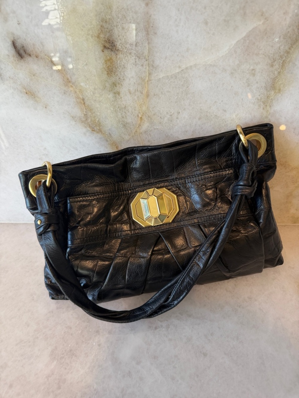 b. makowsky Black Leather Shoulder Bag with Gold Hardware